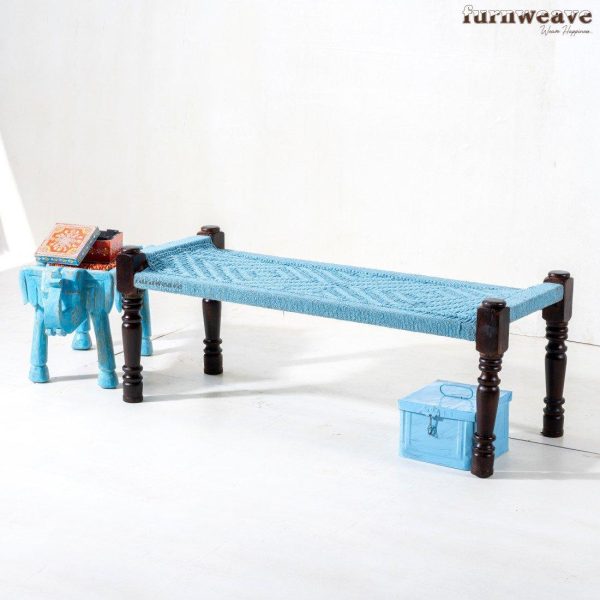 Buy Blue Handwoven Wooden Bench Online | Balcony Bench | Furnweave