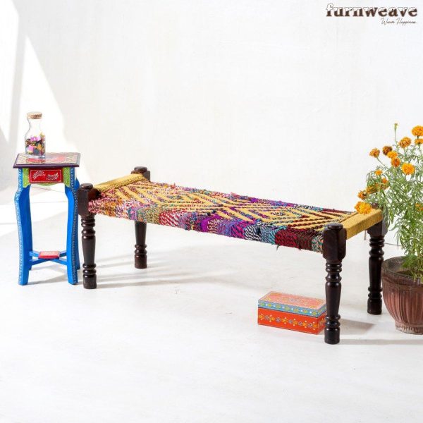Furnweave Handwoven Bench and Set of Two Stools | Sheesham Wood | Saree and Jute Rope | Multicolor and Beige by Furnweave