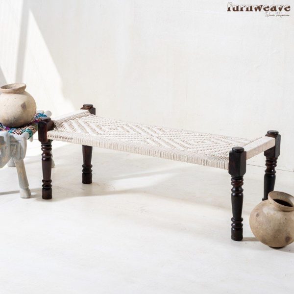 Furnweave Handwoven Bench and Set of Two Stools | Sheesham Wood | Cotton Rope | White by Furnweave