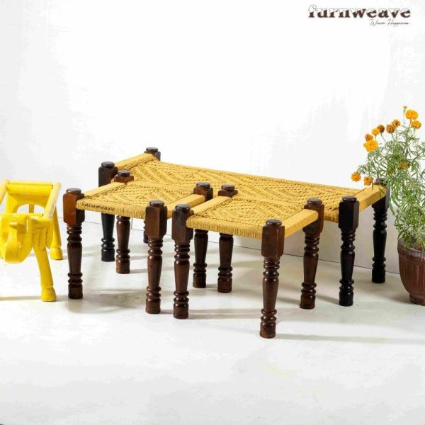 Handwoven Bench and Set of Two Stools. Buy Yellow Handwoven Bench and Stool Set Online | Furnweave