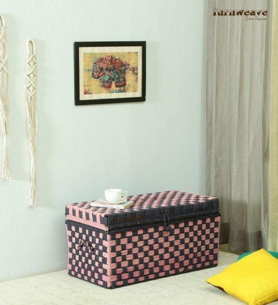 Buy Pink and Grey Laundry Basket Online in India - Handwoven Storage Blanket Box Online in India | Furnweave