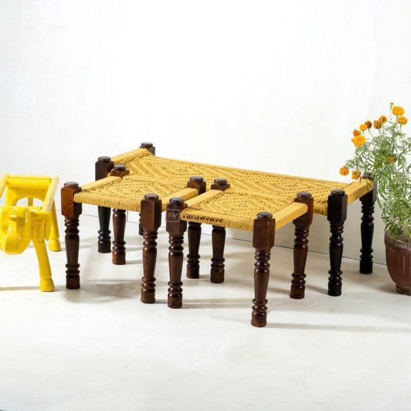 Cotton Rope Yellow Bench & Set of Two stools - Furnweave-Incorporating Woven Furniture in Interior Decor