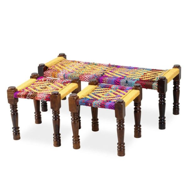 Furnweave Handwoven Bench and Set of Two Stools Yellow and Multicolor by Furnweave