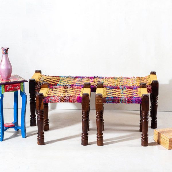 Furnweave Handwoven Bench and Set of Two Stools | Sheesham Wood | Cotton and Saree Rope | Yellow and Multicolor by Furnweave