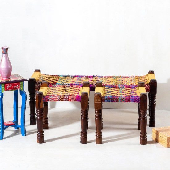 Bench & Set of Two Stools of Yellow & Multicolor - Furnweave