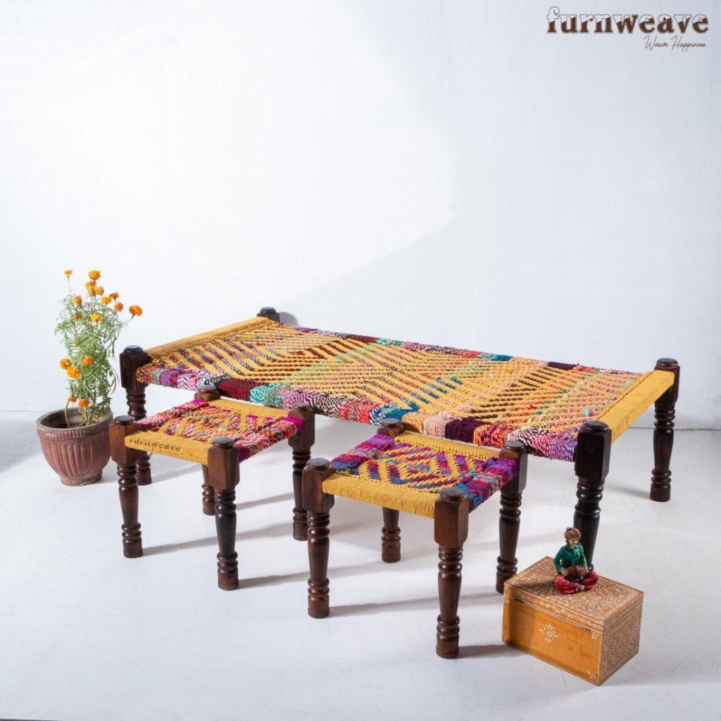 Furnweave -Buy Handwoven Set of Two Stools and Charpai