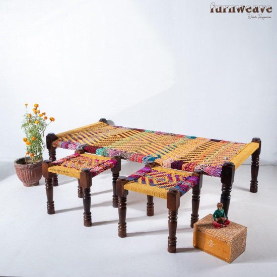 Furnweave -Handwoven Set of Two Stools and Charpai- Buy Multicolor Handwoven Charpai & Stools Online