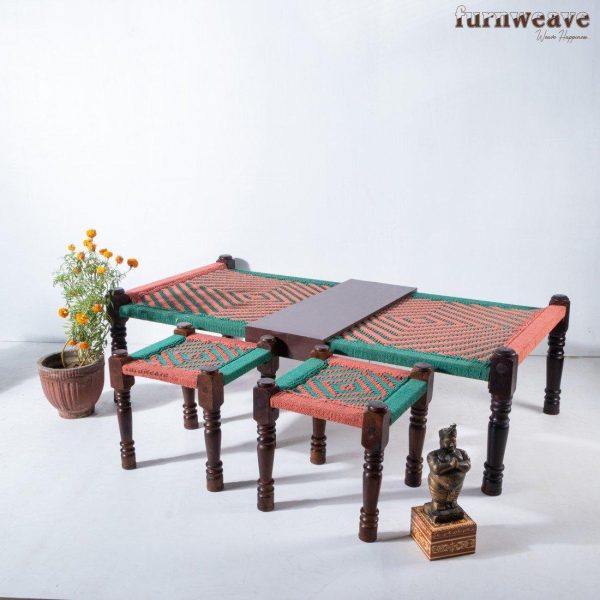 Buy Orange & Green Handwoven Charpai and Stool Set Online | Furnweave -