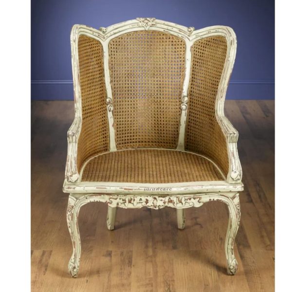 White Wingback Chair-Emistra Wooden Rattan Wingback Chair (White Distress)-Furnweave