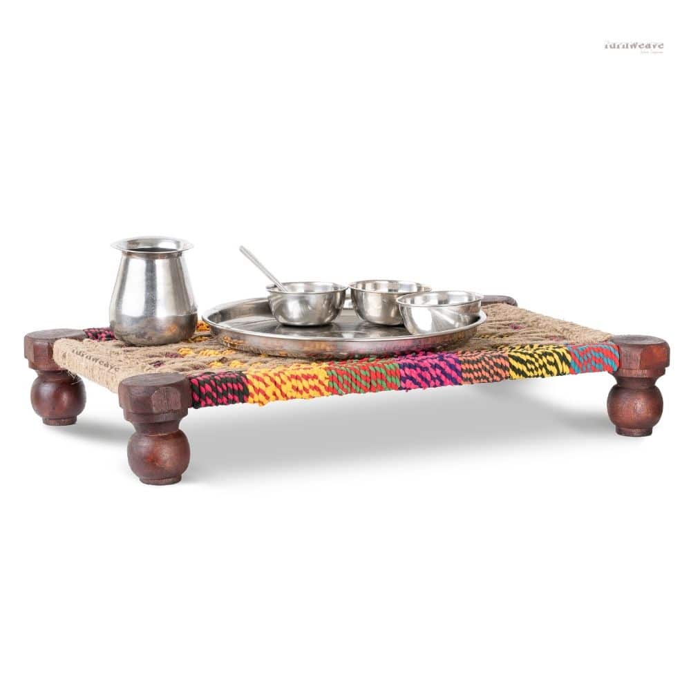 Devine Wooden Multipurpose Chowki (Multicolor & Jute) -Furnweave