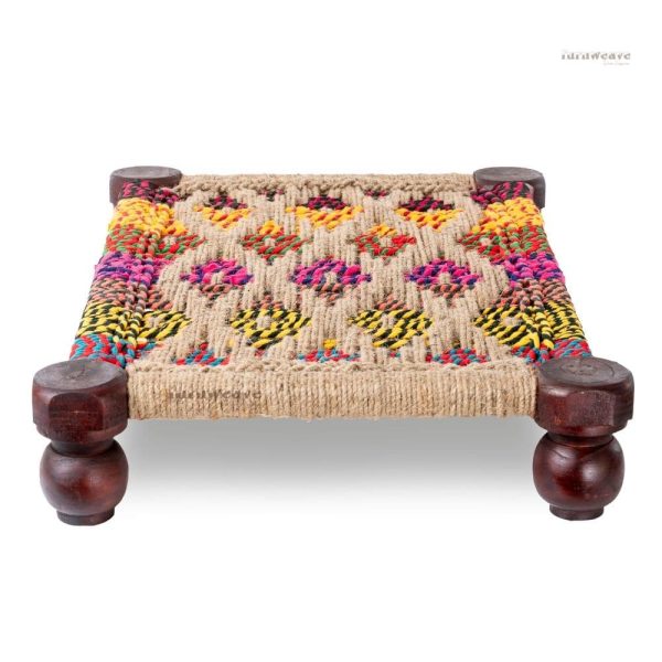 Devine Wooden Multipurpose Chowki (Multicolor & Jute) by Furnweave