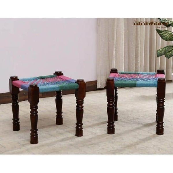Buy Sheesham Wood Set of Two Stools Online -Buy Blue and Multicolor Handwoven Stools | Charpai Woven Stool | Furnweave