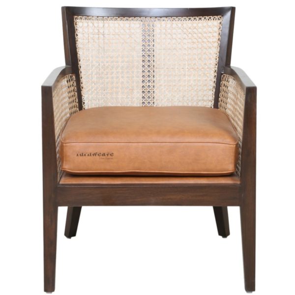 Sapan Wooden Rattan Arm Chair with Leather Seat by Furnweave