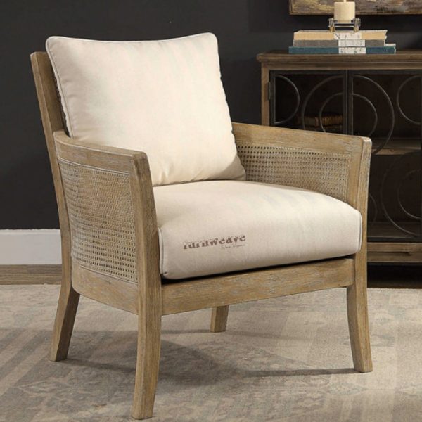 Bhavin Wooden Rattan Arm Chair with Off White Upholstery by Furnweave