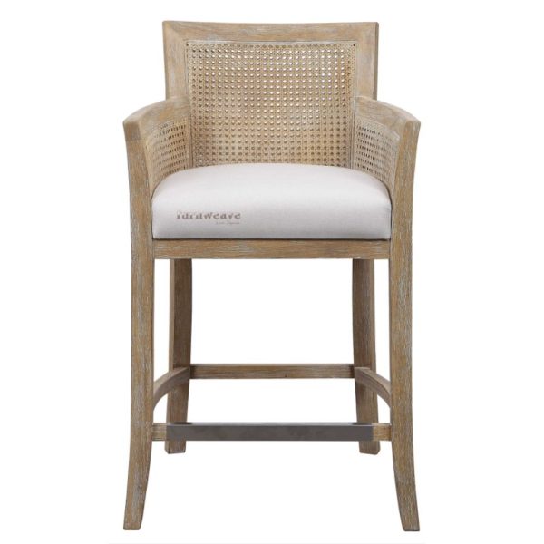 Sumer Wooden Rattan Bar Counter Chair with Off White Fabric by Furnweave