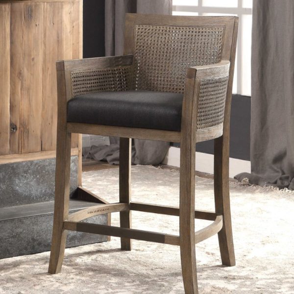 Sumer Wooden Rattan Bar Counter Chair with Black Fabric - Furnweave