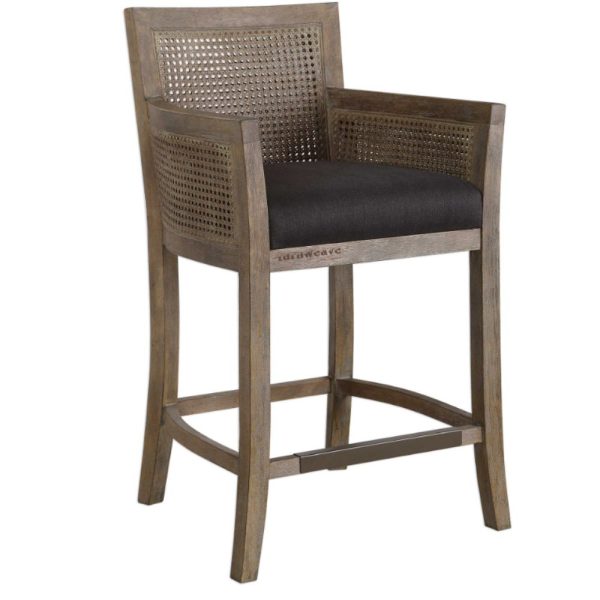 Sumer Wooden Rattan Bar Counter Chair with Black Fabric by Furnweave