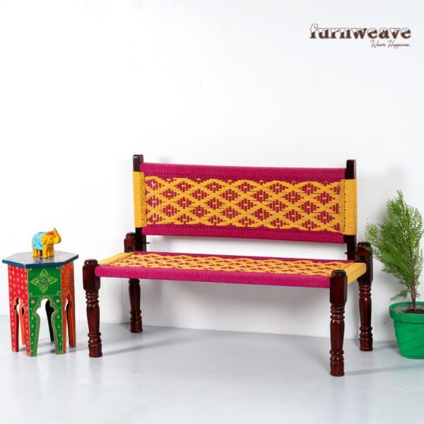 Pink and Yellow Wooden Backrest Bench | Buy Wooden Backrest Bench Online | Buy Woven Bench Online at best prices | garden bench for outdoor spaces