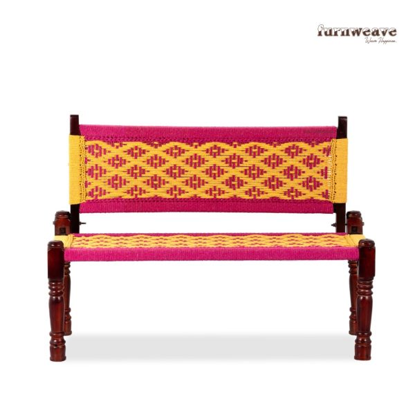 Furnweave Wooden Backrest Bench (Pink and Yellow) by Furnweave