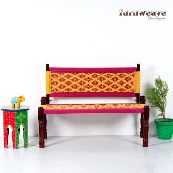 Furnweave Wooden Backrest Bench (Pink and Yellow) by Furnweave