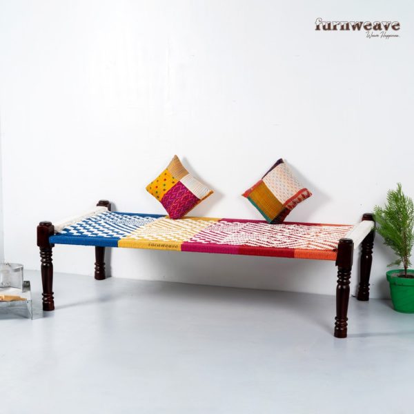 Furnweave Wooden Handwoven Charpai (White and Colorful) by Furnweave