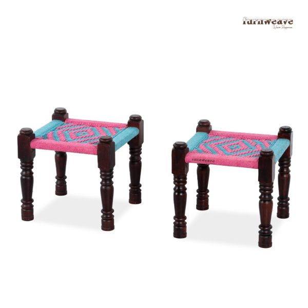 Furnweave Handwoven Set of Two Stools Pink and Blue by Furnweave