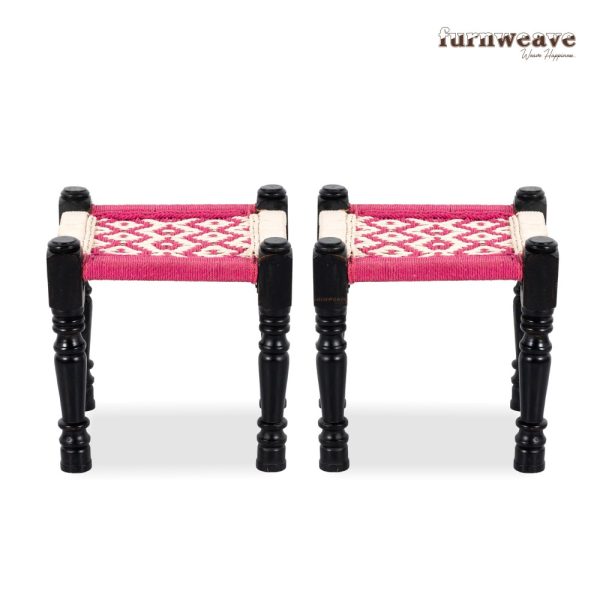 Furnweave Handwoven Set of Two Stools Pink White by Furnweave