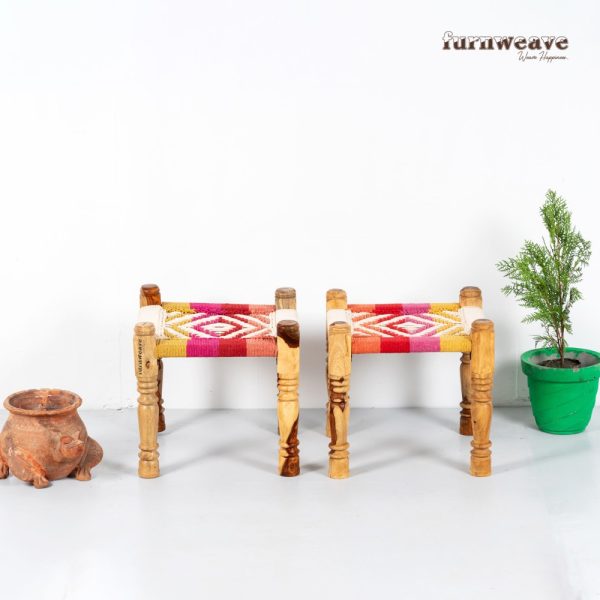 Furnweave Handwoven Set of Two Stools Natural Colorful by Furnweave