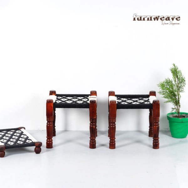 Furnweave Handwoven Set of Two Stools Black White by Furnweave