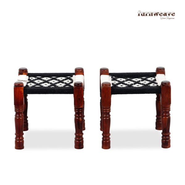 Furnweave Handwoven Set of Two Stools Black White by Furnweave